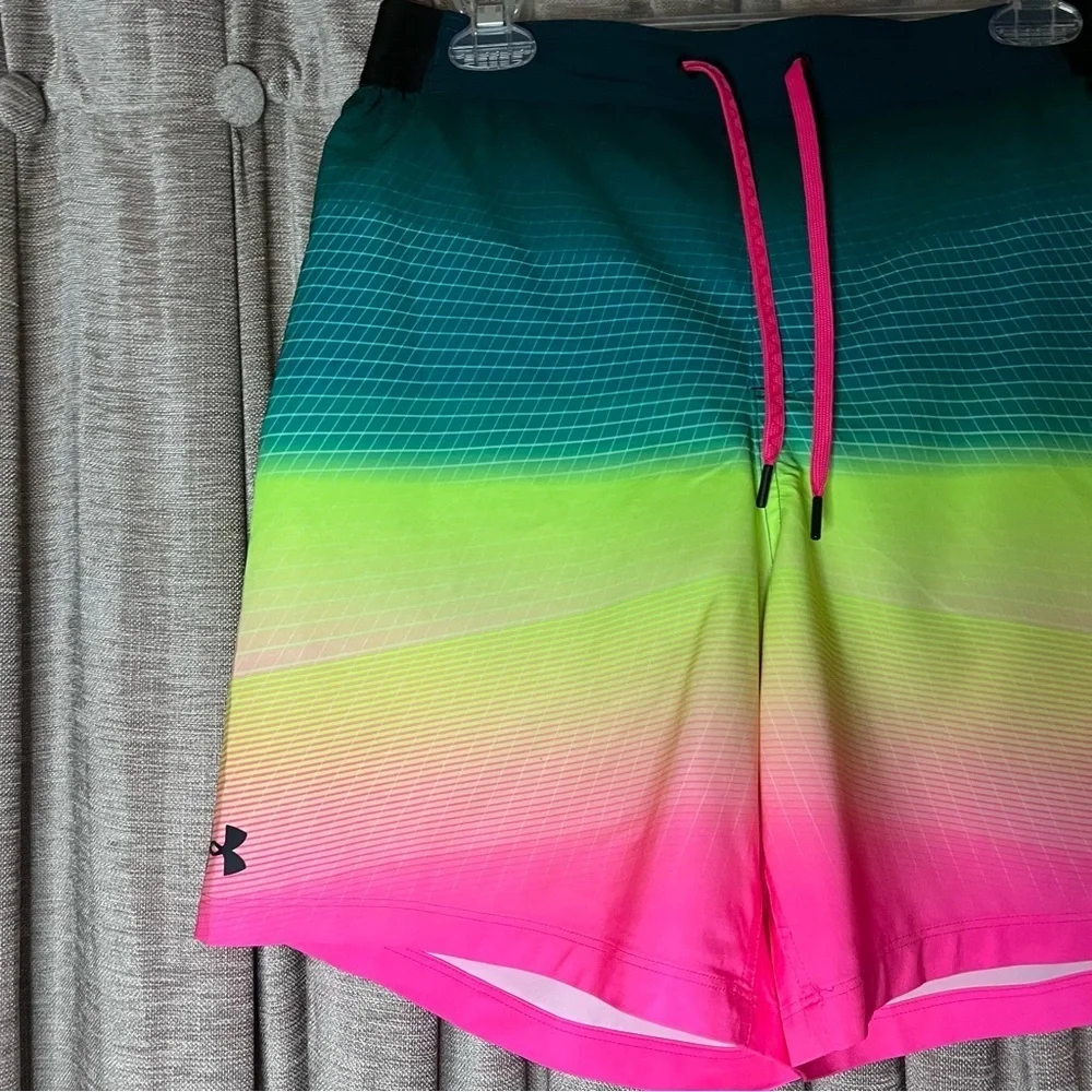 Under Armour Harbor Heritage Colorblock Swim Trunks Pink and Green Size Medium